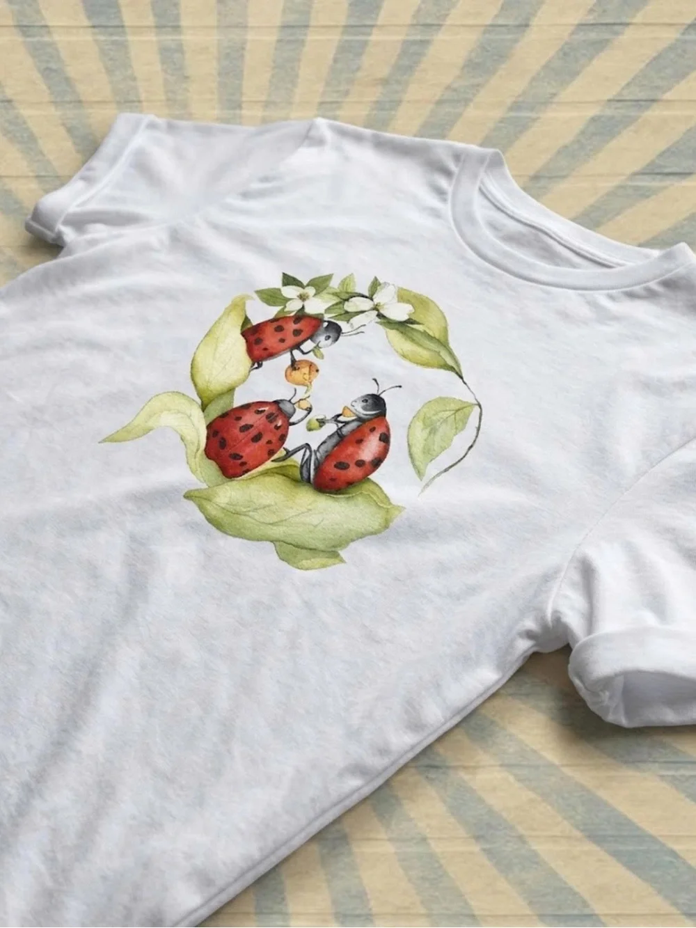 Gildan White Tee with Red Ladybug Family Graphic